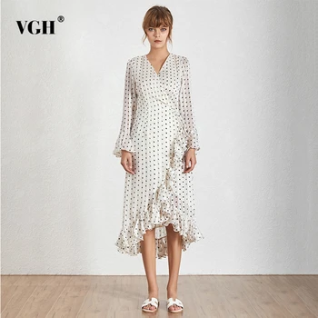 

VGH Asymmetrical Polka Dot Patchwork Ruffle Dress V Neck Flare Sleeve High Waist Lace Up Dresses Female 2020 Autumn Fashion New