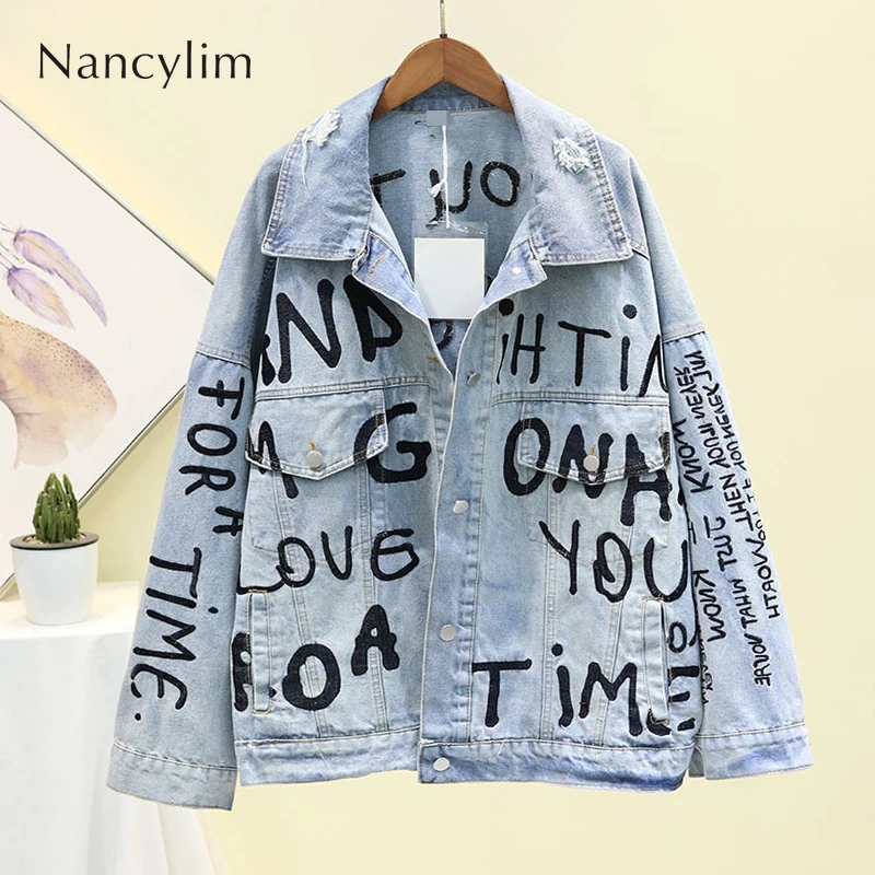 

New Korean Denim Jacket Woman Autumn Outwears Loose Large-size Embroidered Letters Holes Jeans Jacket Girls Hand studded Coat