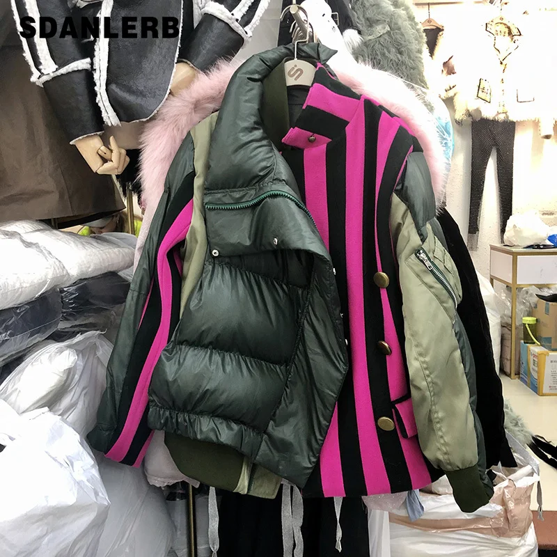 Новинка, зимняя женская парка Harajuku, зимнее пальто в полоску, женская короткая зимняя куртка с хлопковой подкладкой