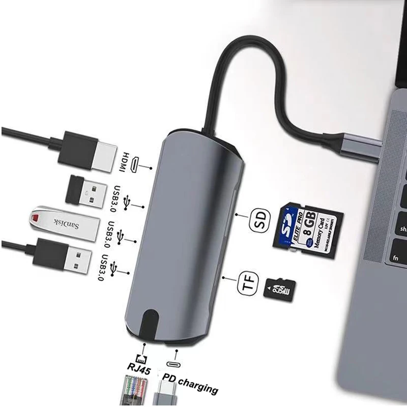 Алюминиевый многопортовый адаптер Type C/USB C hub к HDMI Male (4K) Type-C Pass Through Ethernet SD/Micro Card Reader