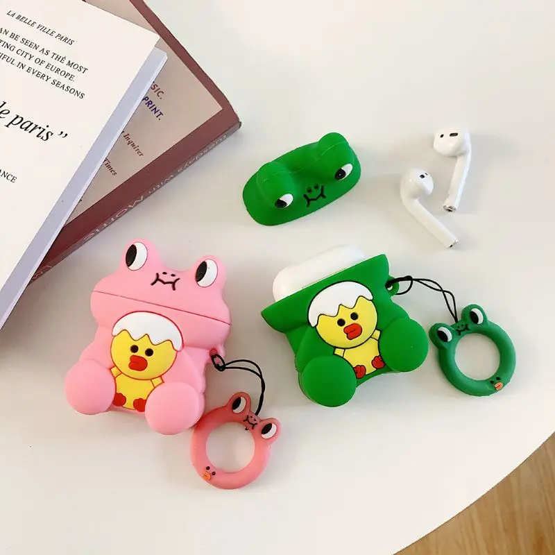 Cute Frog Chicken Pattern Soft Silicone Protective Case Skin Protector with Lanyard for Airpods 1/2 Charging Box Accessories