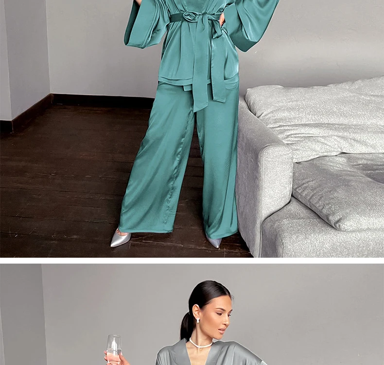 XIKUO Solid Color Pajamas for Women Loose and Comfortable Sleepwear Satin Cardigan Lace Up Women's Dressing Gown Sets Home Suit sexy pajama sets for women