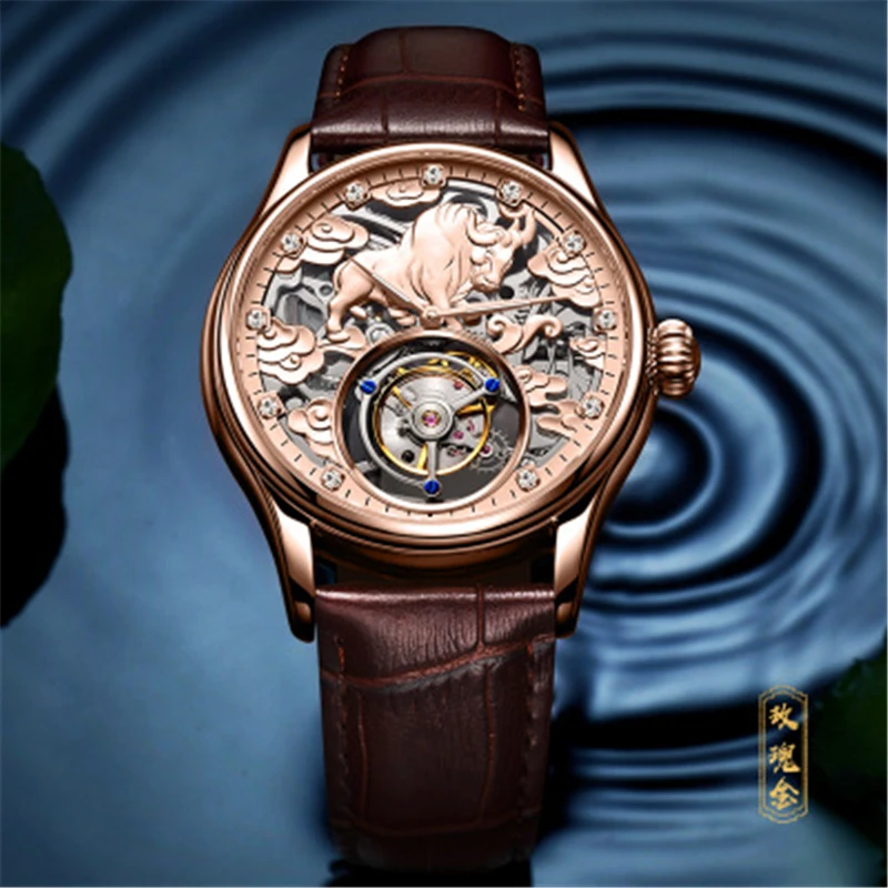 100% Коллекционное издание Tourbillon часы с тиснением бык автоматические механические