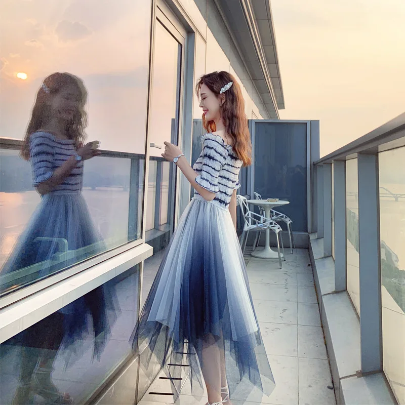 

Off-the-Shoulder Gauze Splicing Dress Women's 2019 Summer New Style Immortal Irregular Waist Hugging Gradient Color Fairy Skirt