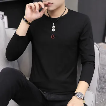 

TFETTERS T Shirt Round Neck Solid Color Black White Men T-shirt Long Sleeve Thin Shirt Mens T Shirts Fashion 2019 Trending
