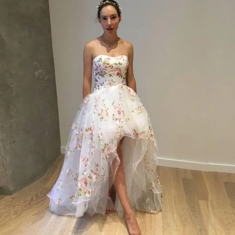 

Eightree High Low Embroidery Homecoming Dresses Strapless Tulle A Line Graduation Party Dress Custom Made Prom Dress