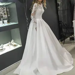 2019 элегантное атласное свадебное платье с круглым вырезом и длинными рукавами, с коротким шлейфом, Vestidos De Novia, на заказ свадебный наряд