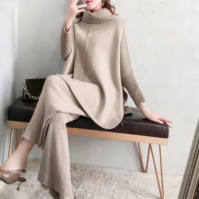Womens High Neck Knitted Sweaters Pullover Wide Legs Trousers Pants Suits C398