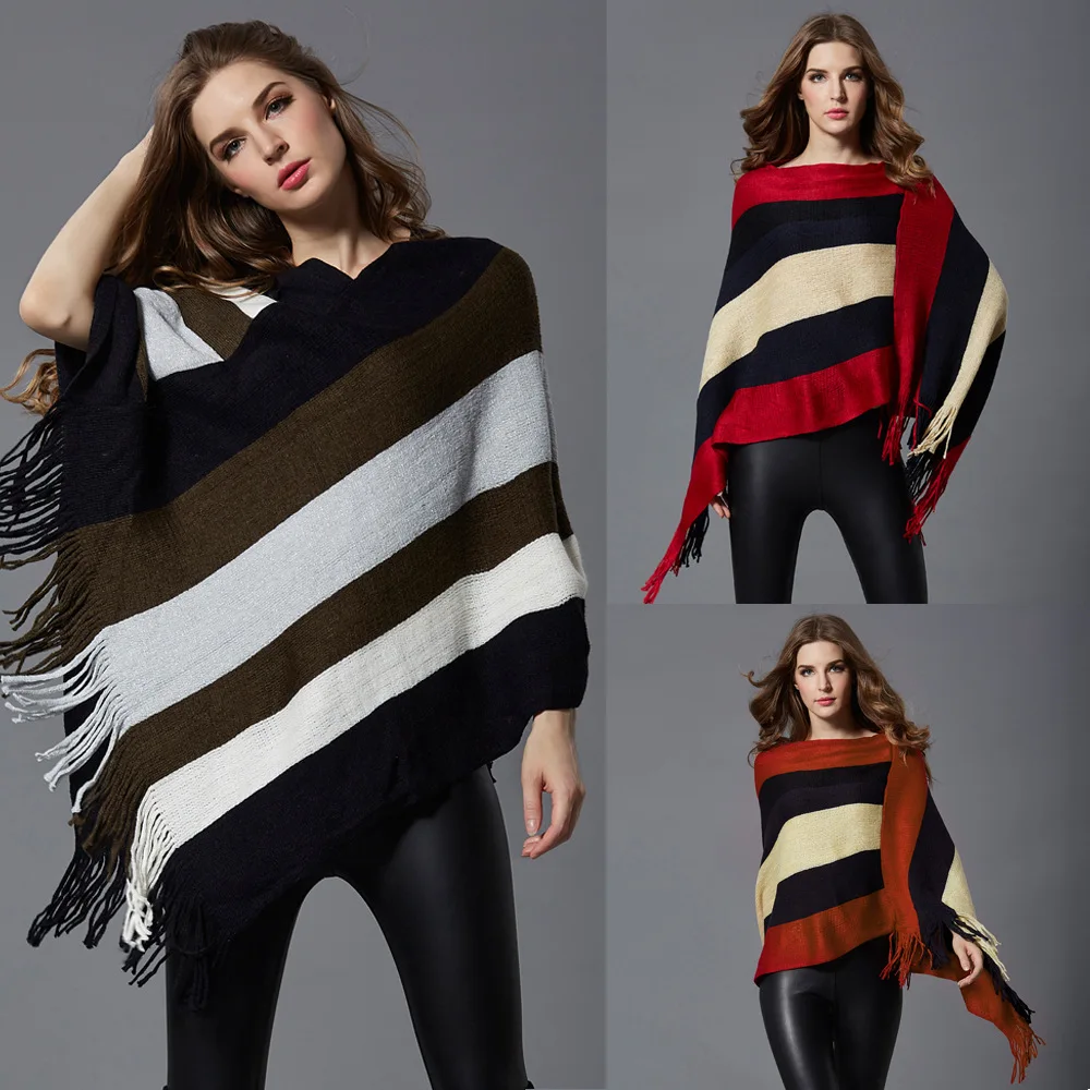

2020 Autumn and Winter Round Neck Striped Fringed Bat Sleeve Mid-length Shawl Sweater Top Women Clothing