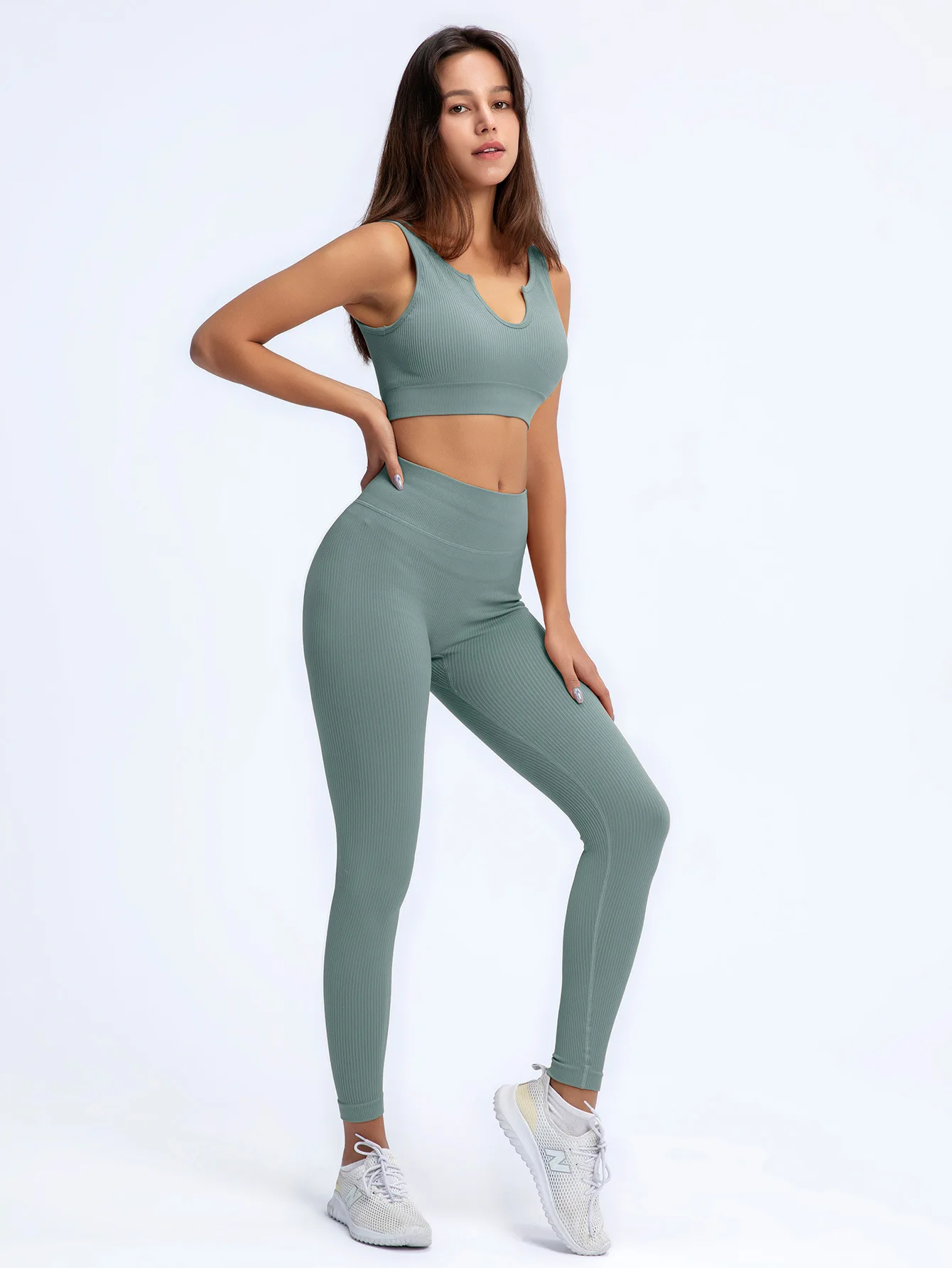 BURGUNDY 2 Piece Set Ribbed Seamless Outfits Yoga Leggings Fitness Wear Womens Sports Bra Gym Pants Workouts Scoop Notch CARAMEL