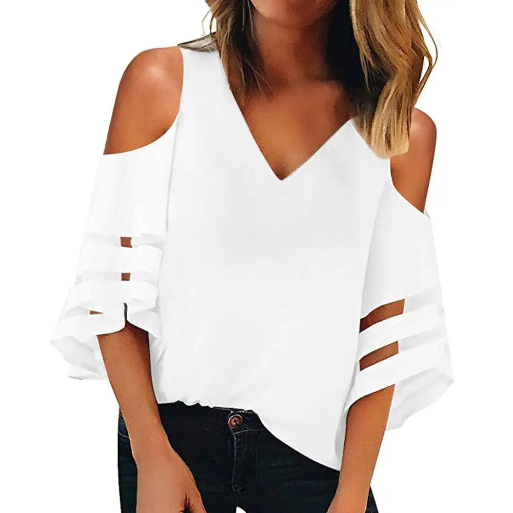 

Women Off Shoulder Mesh Panel Shirt 7 Colors V-Neck Three Quarter Bell Sleeve Loose Plus Size Tops 2019 HOT Woman