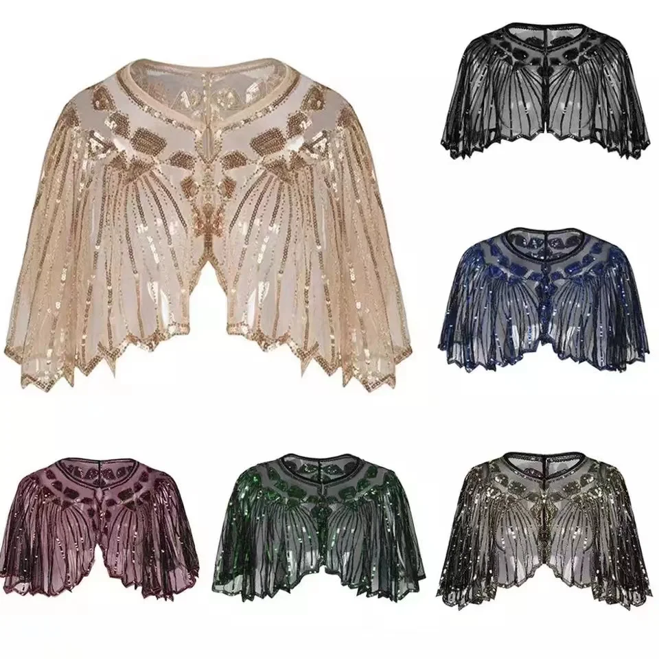 Vintage 1920s Flapper Shawl Sequin Beaded Short Cape Beaded Decoration Gatsby Party Mesh Short Cover Up Dress Accessory lace beaded shawl 1920s women s sequined shawl tassel fringe beaded faux pearl sheer mesh wrap cape see through cover up