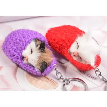

Handmade Cute Sleeping Cat Pompom Keychain Handmade Woven Fluffy Car Keychain