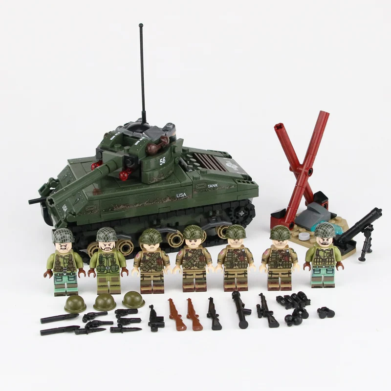 

WW2 Military US Sherman M4 Tank Model Building Blocks US Army Soldiers Figures Weapons Accessories Bricks Educational Gift Toys