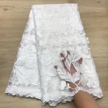 

African French Lace Fabric 2019 High Quality Lace White 3 d flowers Lace Fabric Nigerian Tulle Mesh Lace Fabrics for Wedding