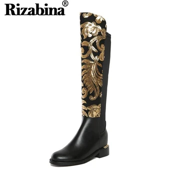 

RIZABINA Size 34-42 Women Boots Genuine Leather Print Zipper Round Toe Knee Women Boots Vintage Mature Shoes Women Footwear