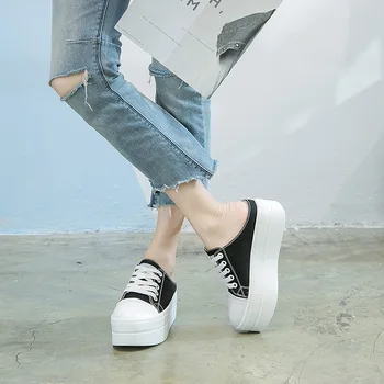 

women canvas shoes Lace-up Casual Shoes Flat platform shoes height increasing sneakers Woman white black loafers slippers D01-27