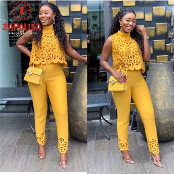 

Zapalisa Solid Color Floral Hollow Out Design OL Streetwear Women Outfits 2 Piece Sets Sleeveless Crop Tops + Pencil Pants