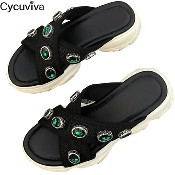 

Luxury Jewels Thick Sole Women Slippers Summer Beach Shoes Femme Open Toe Platform Mules 2020 Runway Casual Crystal Shoes Women