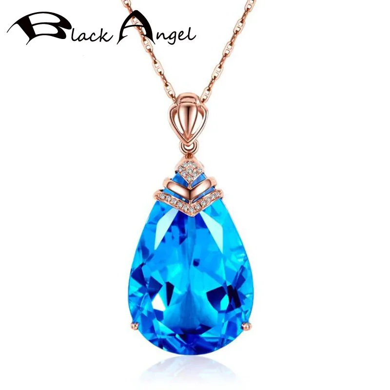 

BLACK ANGEL 18k Rose Gold Sky Blue Topaz Sapphire Pendant Necklace For Women Sapphire Birthstone Water Drop Shape Choker Jewelry