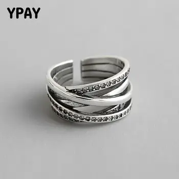 

YPAY Solid S925 Sterling Silver Adjustable Rings Women Vintage INS Multi-Layers Twisted Zircon Open Finger Ring Jewelry YMR784