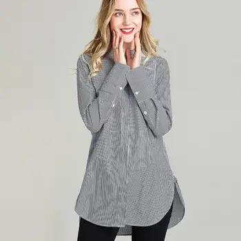 

HAVVA women’s early spring 100% cotton O-neck thin striped midi shirt blouse C3168