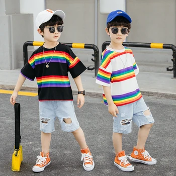 

Children's clothing suits 2020 summer boys rainbow short-sleeved T-shirt jeans two-piece baby jacket shorts kids clothes outfits