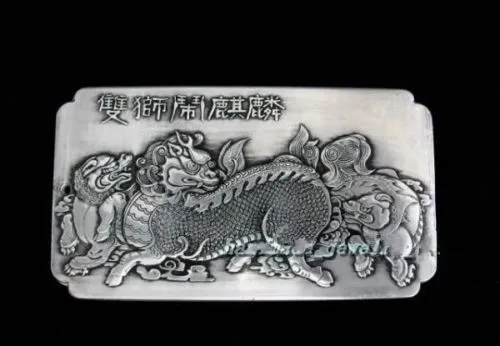 Decorado viejo león chino doble hacer kirin amuleto de plata tibettes placa favorable 136 г