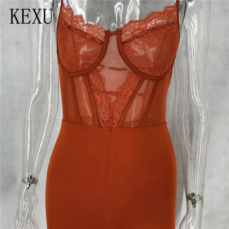 KEXU уникальный сексуальный комбинезон из прозрачной сетки с кружевной вставкой, Женский Облегающий комбинезон на бретельках, комбинезон для ночного клуба