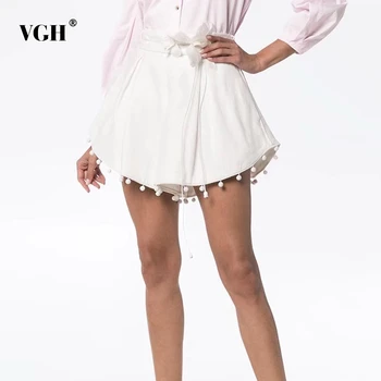 

VGH Casual Print Wide Leg Shorts Women High Waist Bandages Patchwork Hit Color Short Pant Female Fashion Spring 2020 Clothes New