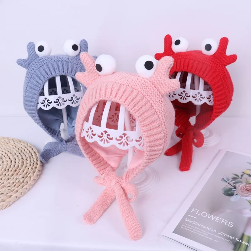 

New Cute Hat Winter New Add Velvet Warm Baby Knitted Cap Super Cute Children Cartoon Crab Ear Protection Wool Cap Wholesale