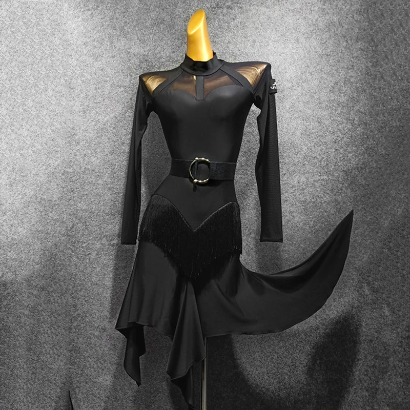 Latin Dance Dress Ladies Sexy Mesh Tassel Performance Clothing Women Salsa Rumba Cha Cha Samba Tango Adults Dancewear