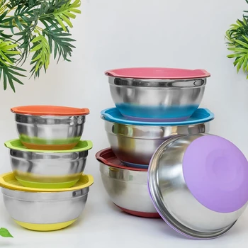 

5Pcs Stainless Steel Mixing Bowls 18-26cm Diameter Metal Nesting Bowls with Colorful Airtight Lids Non-Slip Bottoms
