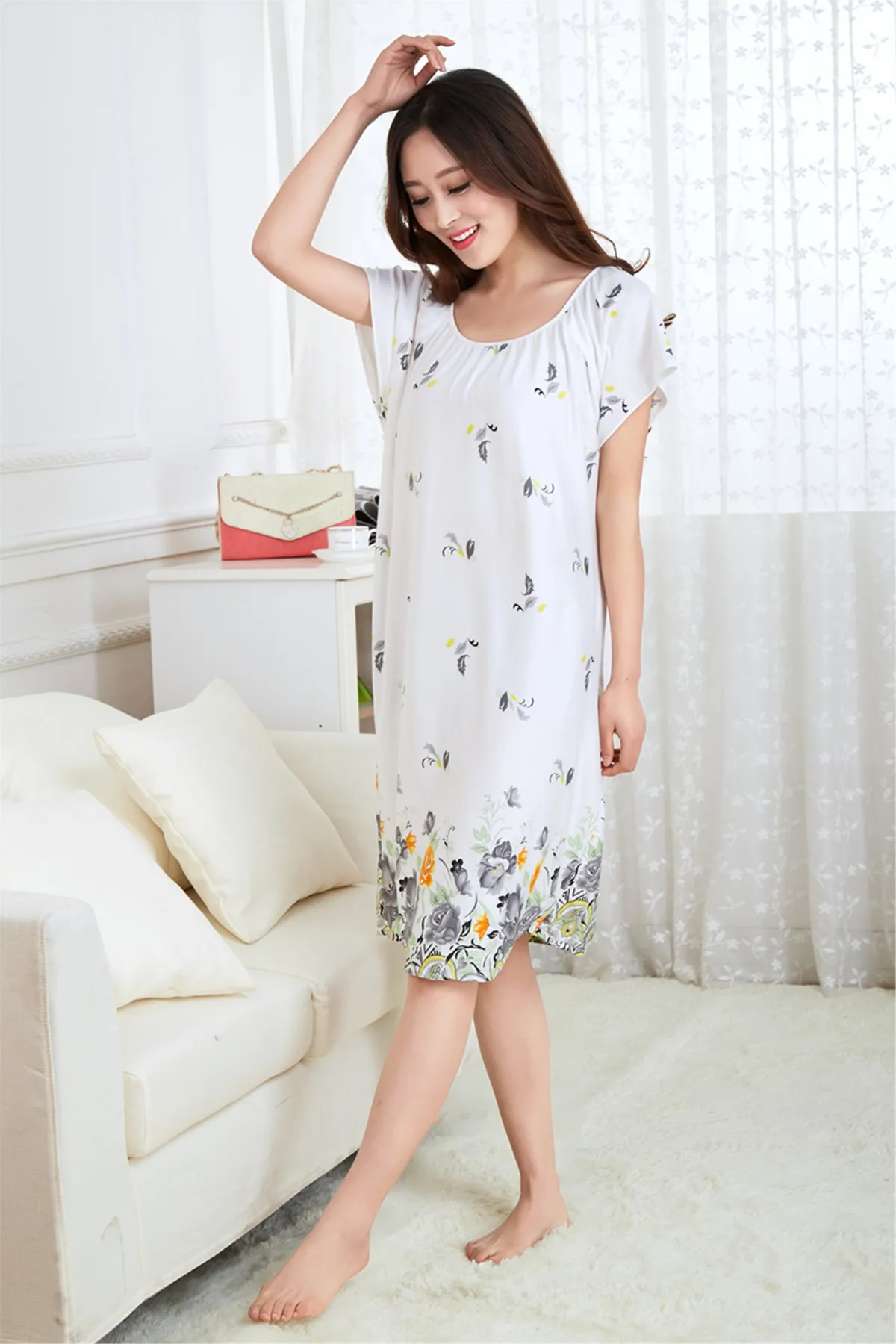 Ночной халат ночная рубашка женские пижамы платье Ночное белье круглый вырез тонкий плюс размер широкие сосновые дышащие отверстие печать одежда