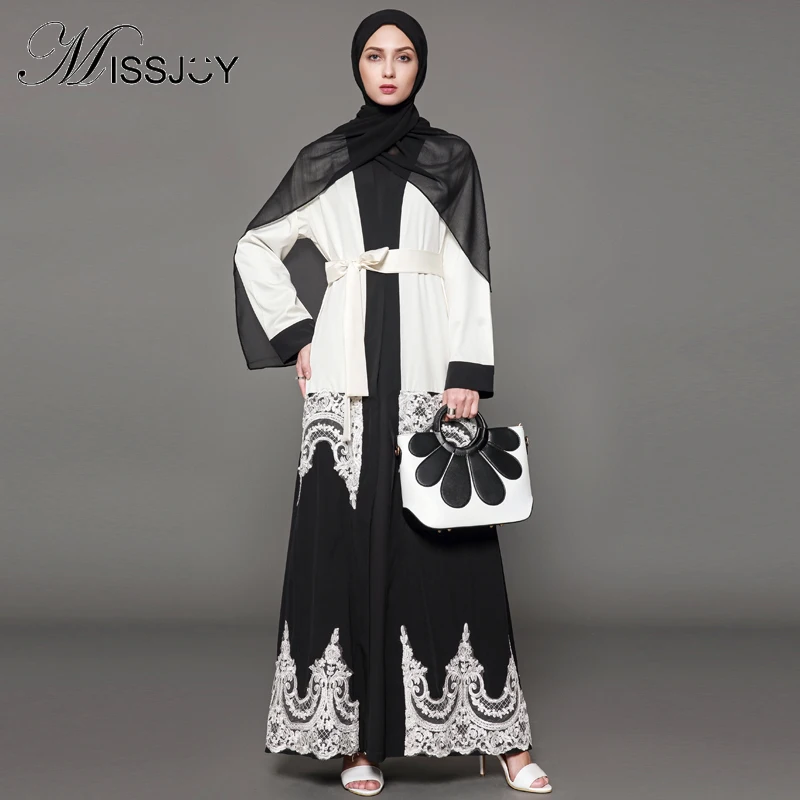 

Autumn Hui Muslim abayas V-Neck Full sleeve turkish patchwork robe fashion cardigan Islamic clothing Maxi dresses