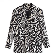 Za mulher blazer vintage manga longa bolsos welt feminino outerwear chique veste 2021 moda zebra impressão duplo breasted blazer casaco