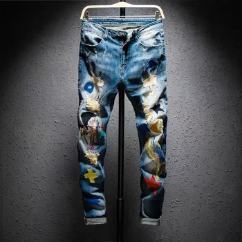 

New male trousers Men's colored patchwork ripped jeans Trendy fashion patch design embroidery stretch denim pants Slim straight