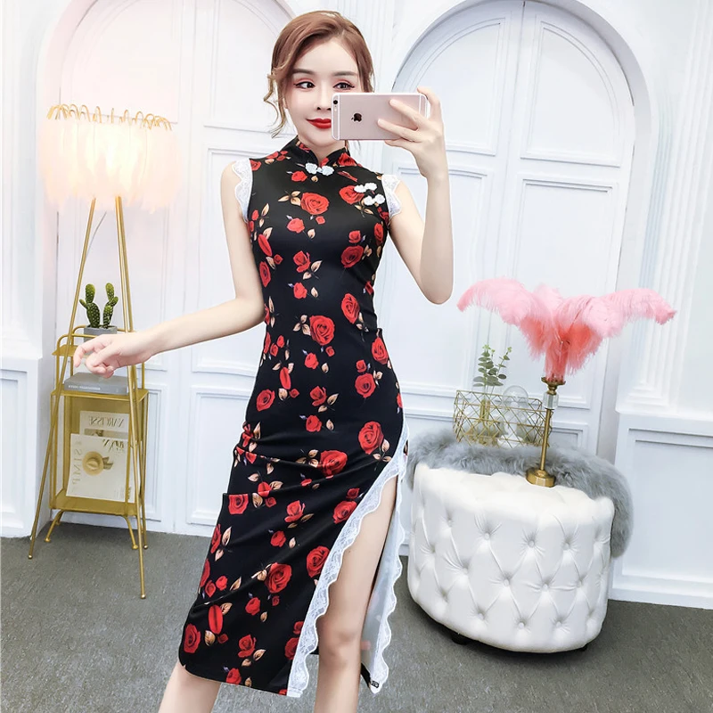 Китайское женское платье cheongsam qipao с цветочным принтом, атласное наклонное женское белье cheongsam vestidos de fiesta de noche