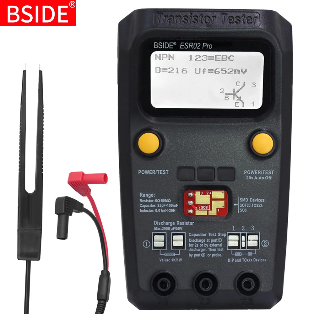 Tanie BSIDE ESR02 pro wielofunkcyjny Tester próbnik elektroniczny dioda trioda pojemnościowy miernik rezystora LCD miernik parametru esr MOS PNP NPN SMD Tester