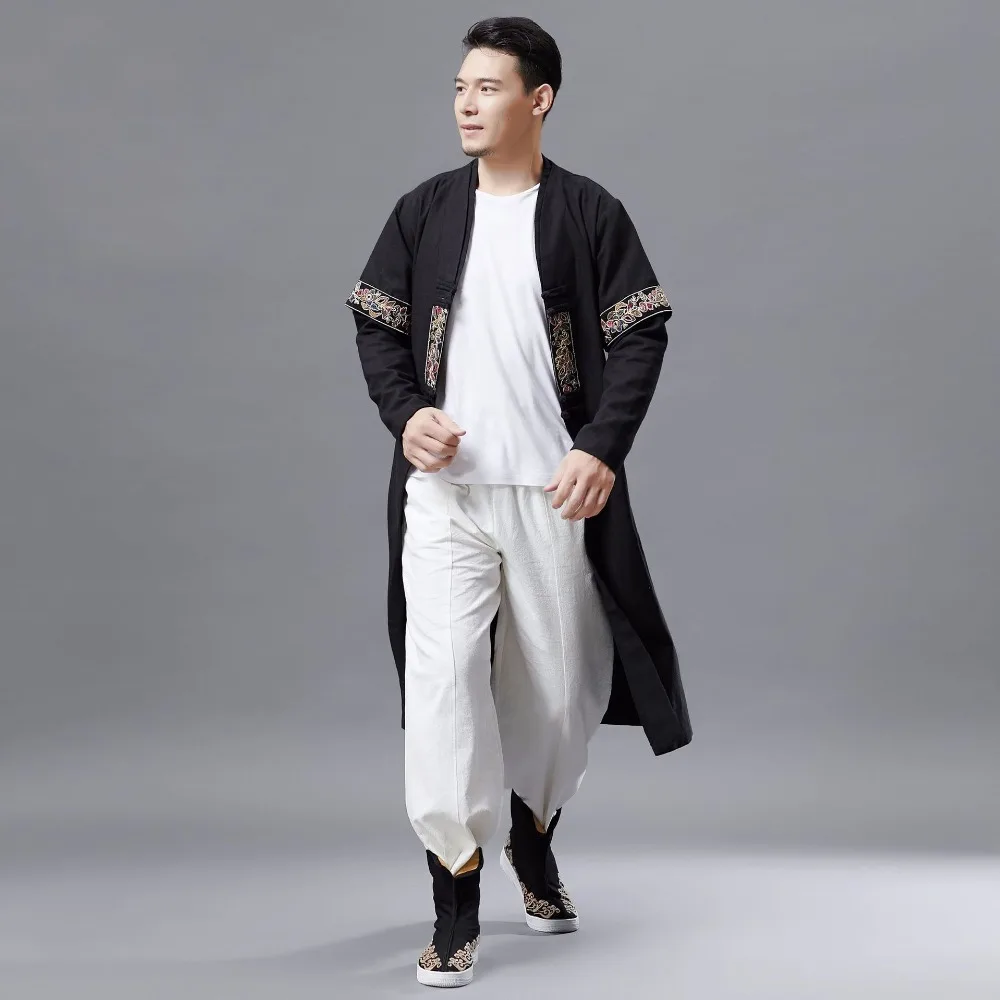 LZJN 2019 Men Autumn Trench Coat Cotton Linen Longline Long Sleeve Jacket Chinese Frog Buttons Outfit Overcoat with Pockets (14)