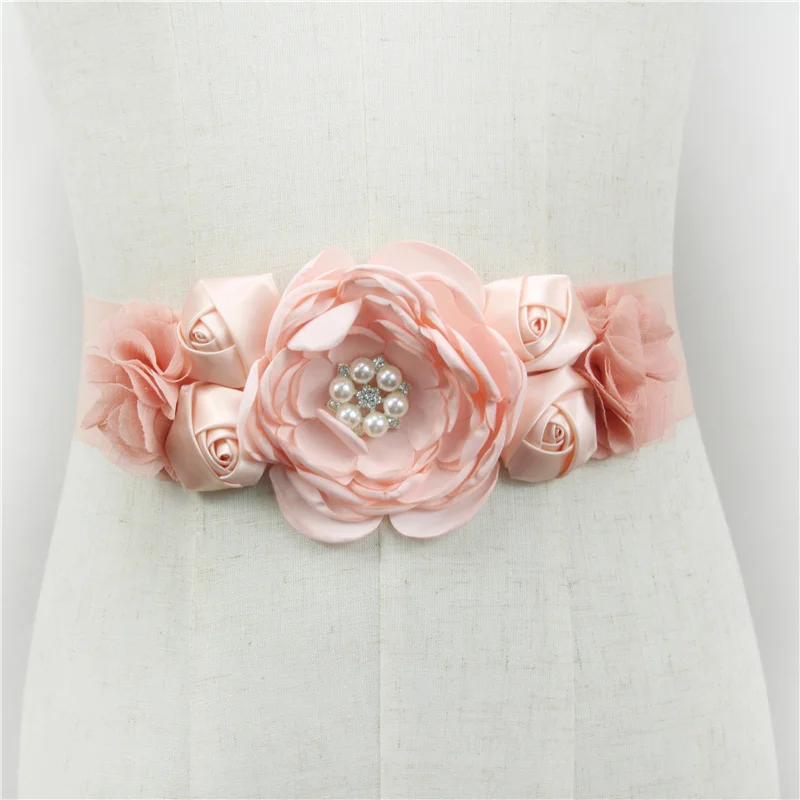 78.74in PInk Black White Pearl Flowers Wedding Belts Satin Rose Wedding Dress Belt Wedding Accessories Bridal Ribbon Sash Belt