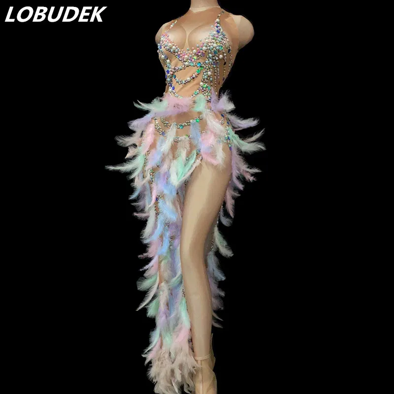 Multi-color Feather Pearls Slit Long Dress Women Singer Dancer Host Fashion Sleeveless Crystals Nightclub DJ Stage Costume image_2