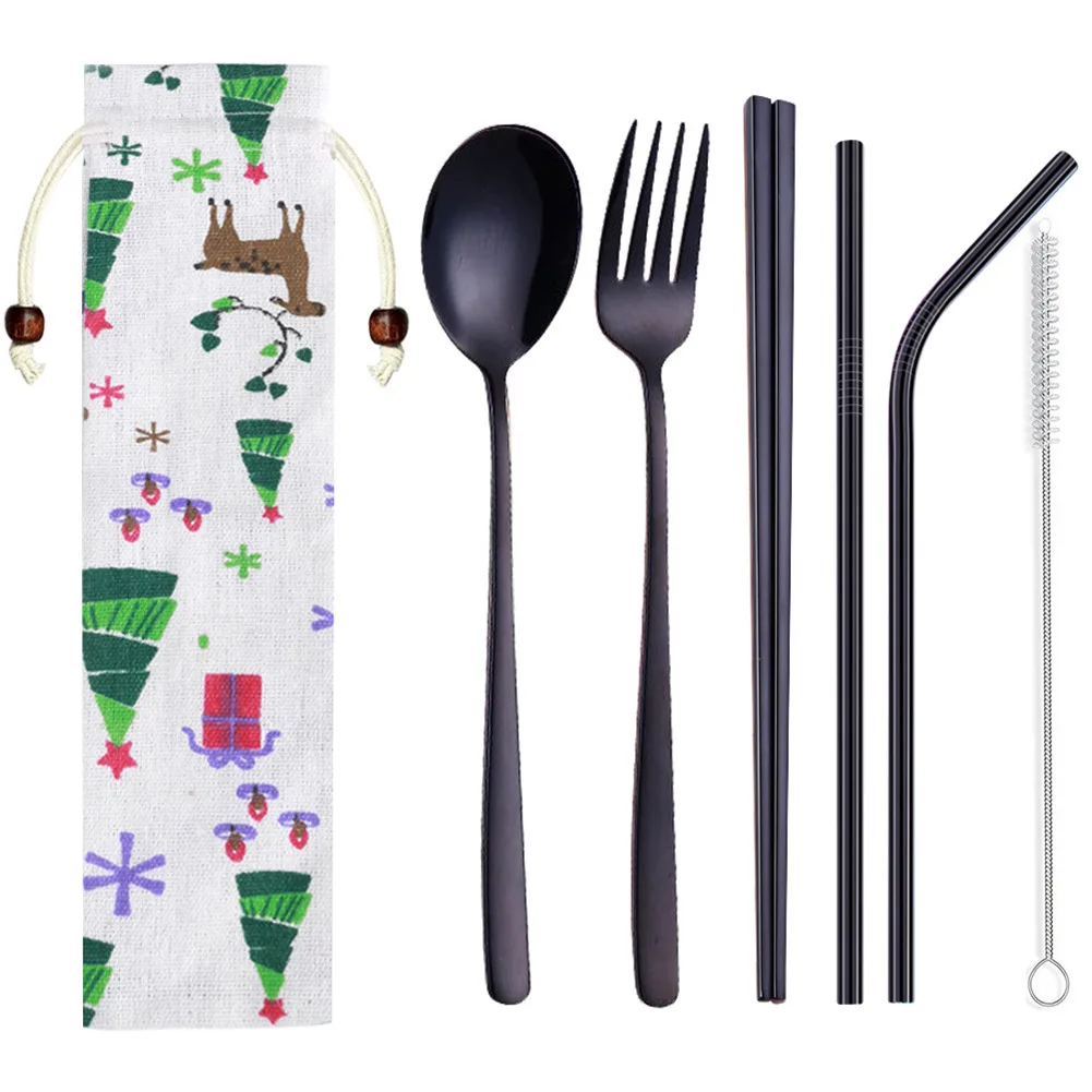 black Stainless Steel Cutlery Set Five-piece Suit Linen Bag Tableware Travel Outdoor Office Picnic Barbecue 2019ing - Цвет: black