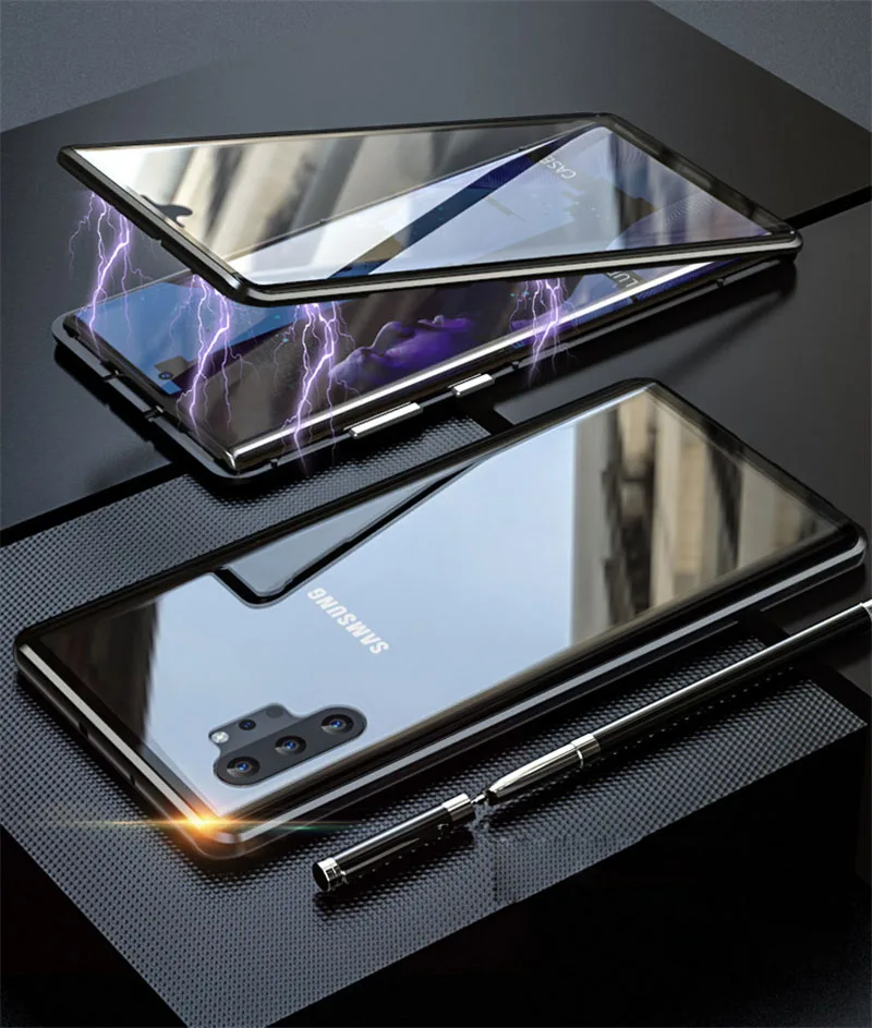 Магнитный чехол для samsung Galaxy Note 10 pro 10+ чехол 360 двухсторонний чехол из закаленного стекла для samsung Note 10 Pro металлический чехол - Цвет: black
