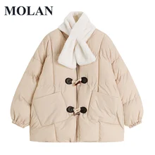 MOLAN Woman Park Coat With Scarf Plus Long Sleeve Loose Elegant Parkas Coat Loose Warm Padded Coat Sweet Female Chic Outwear