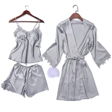 Серое Женское кружевное кимоно, пижама, комплект из 3 предметов, топ на бретелях, штаны, комплекты ночных рубашек, сексуальная женская домашняя одежда, халат, ночная рубашка
