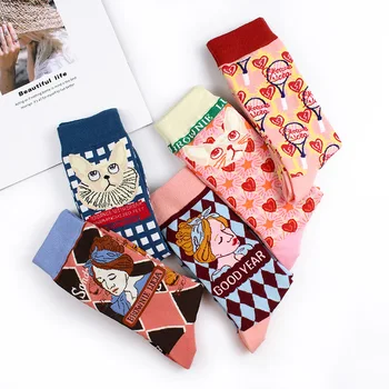 

Fashion Plaid Versatile Tube Cartoon Cute Socks Hose INS South Korea Retro Japanese-style Women's Winter Pink Cool