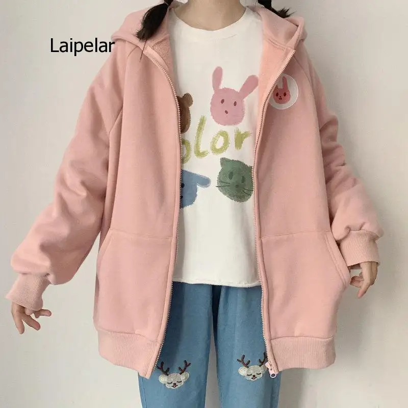 Autumn Winter New Korean Long Sleeve Japanese College Style Lovely Embroidery Hooded Zipper Coat Female