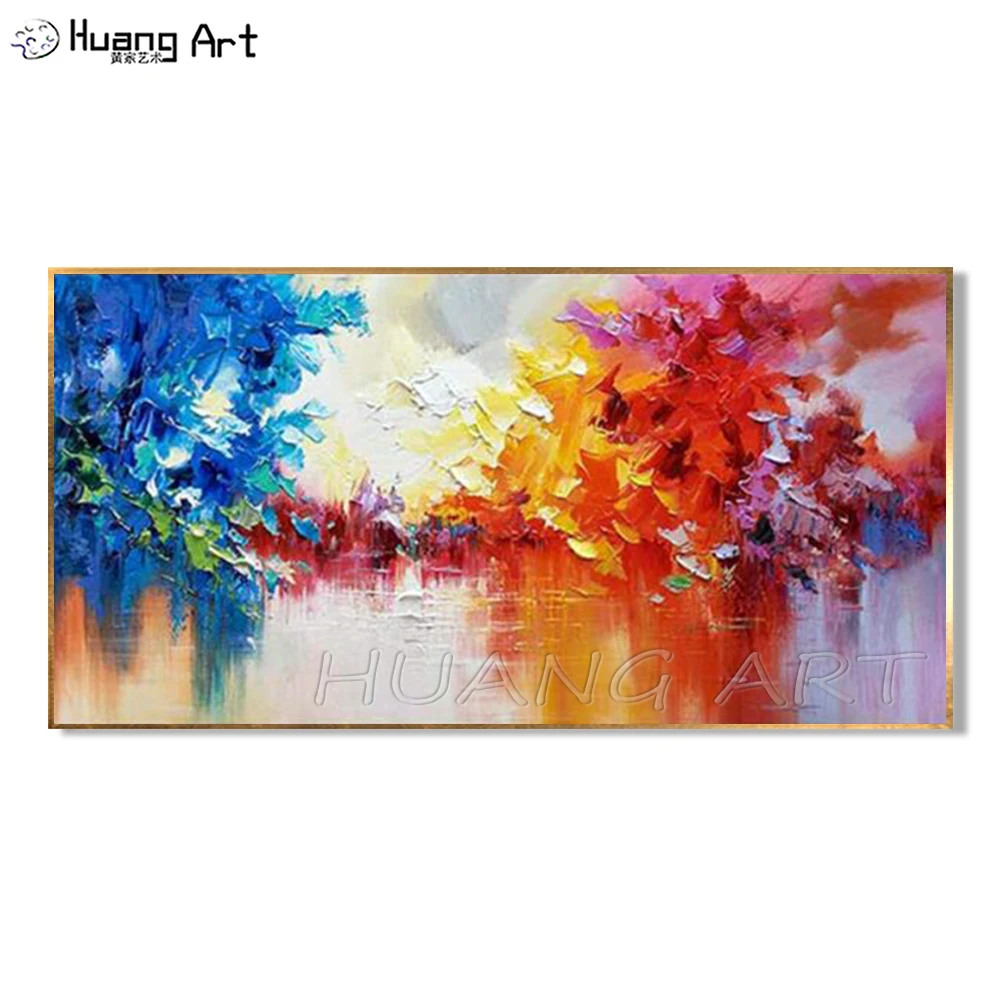 

Free Shipping Handmade Lake Landscape Painting on Canvas Can be Custom Abstract Modern Colorful Tree Oil Painting for Decor