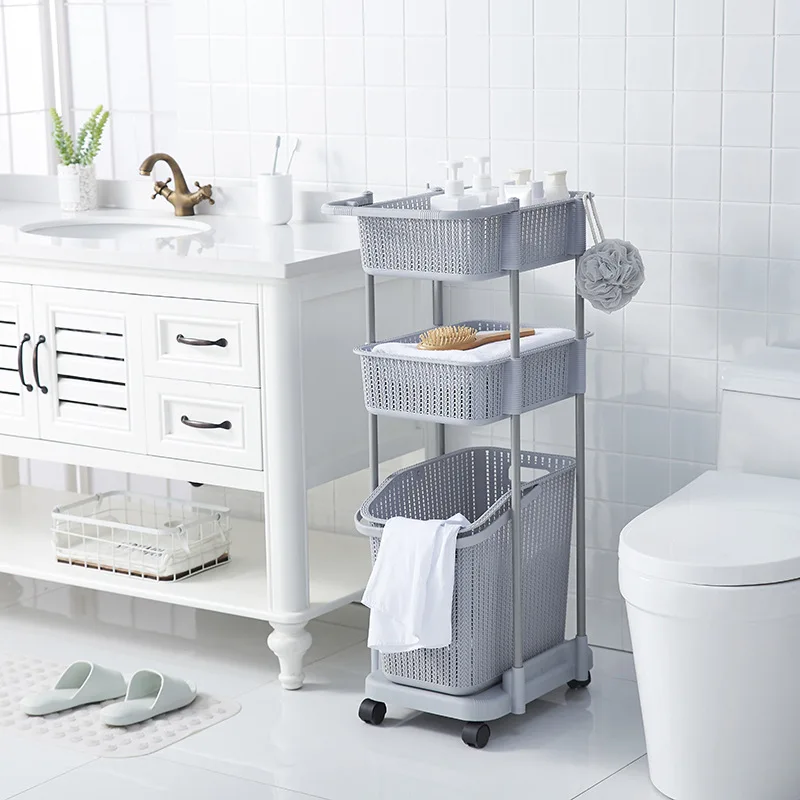 

Home organization and storage bathroom accessories rack multi layer cart dirty clothes basket bathroom reception toy shelf